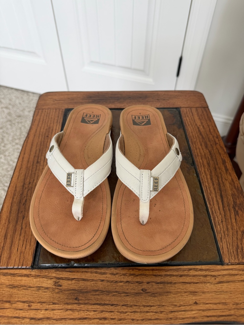 Reef White Leather Thong Sandals with Tan Footbed